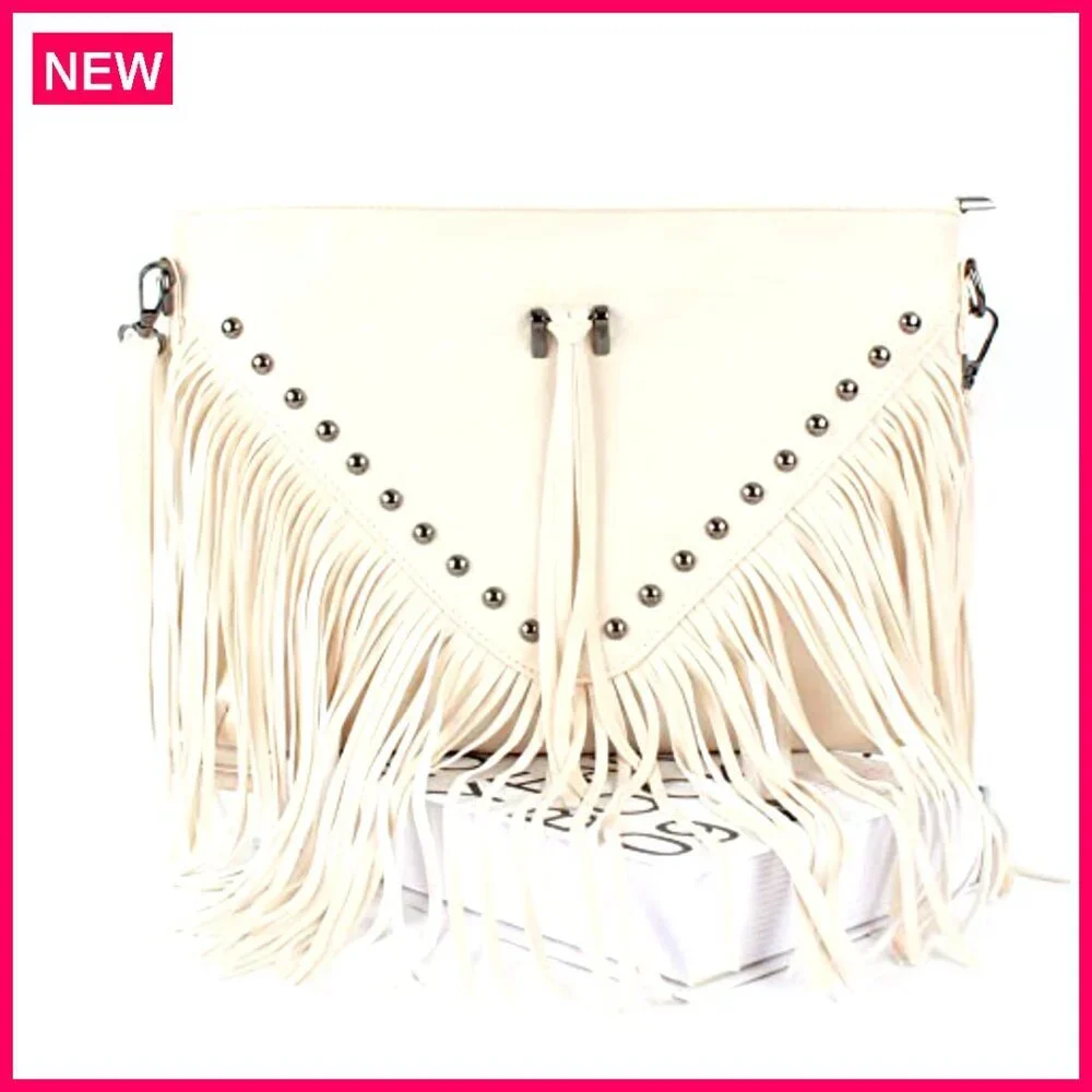 Large Leather Fringe Messenger Hobo Crossbody Bag with Tassel - Picture 5 of 8